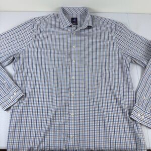 Johnnie-O Prep-Formance Mens XL Plaid Button Down Shirt Blue Tan Bamboo Stretch